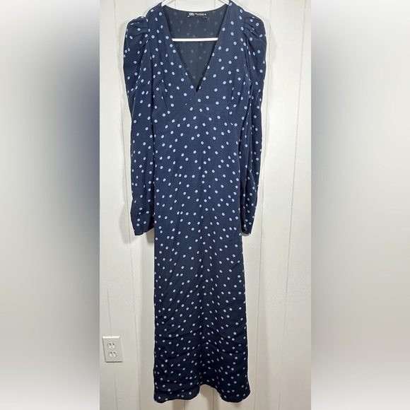 ZARA Midi Maxi Blue Polka Dots Dress puff Long Sleeves Size XS - Picture 6 of 14